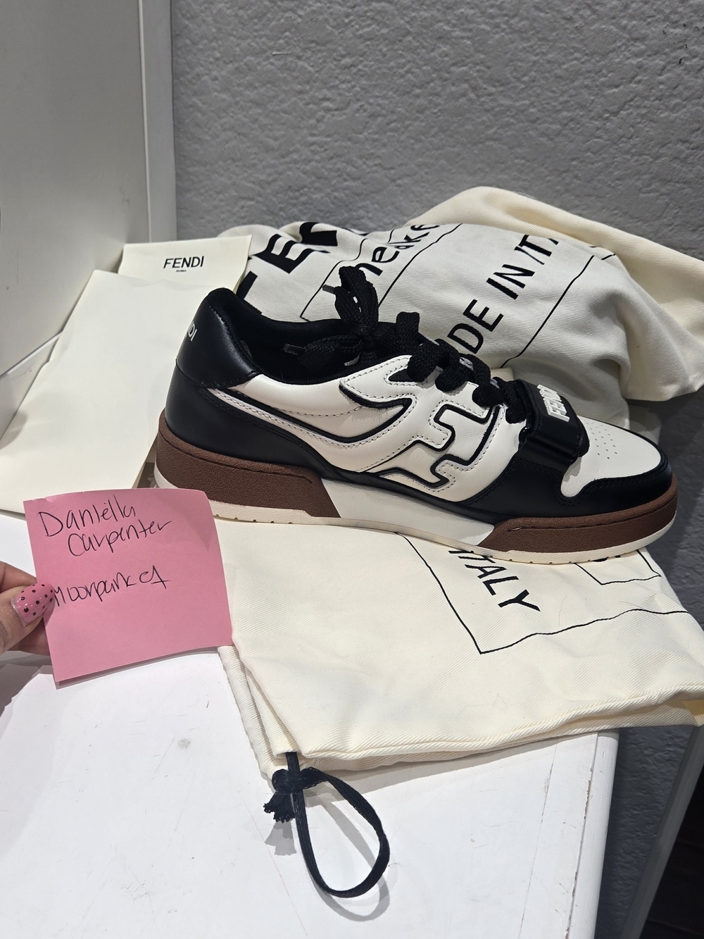 Fendi Black and White Low Top Sneaker with Brown Sole